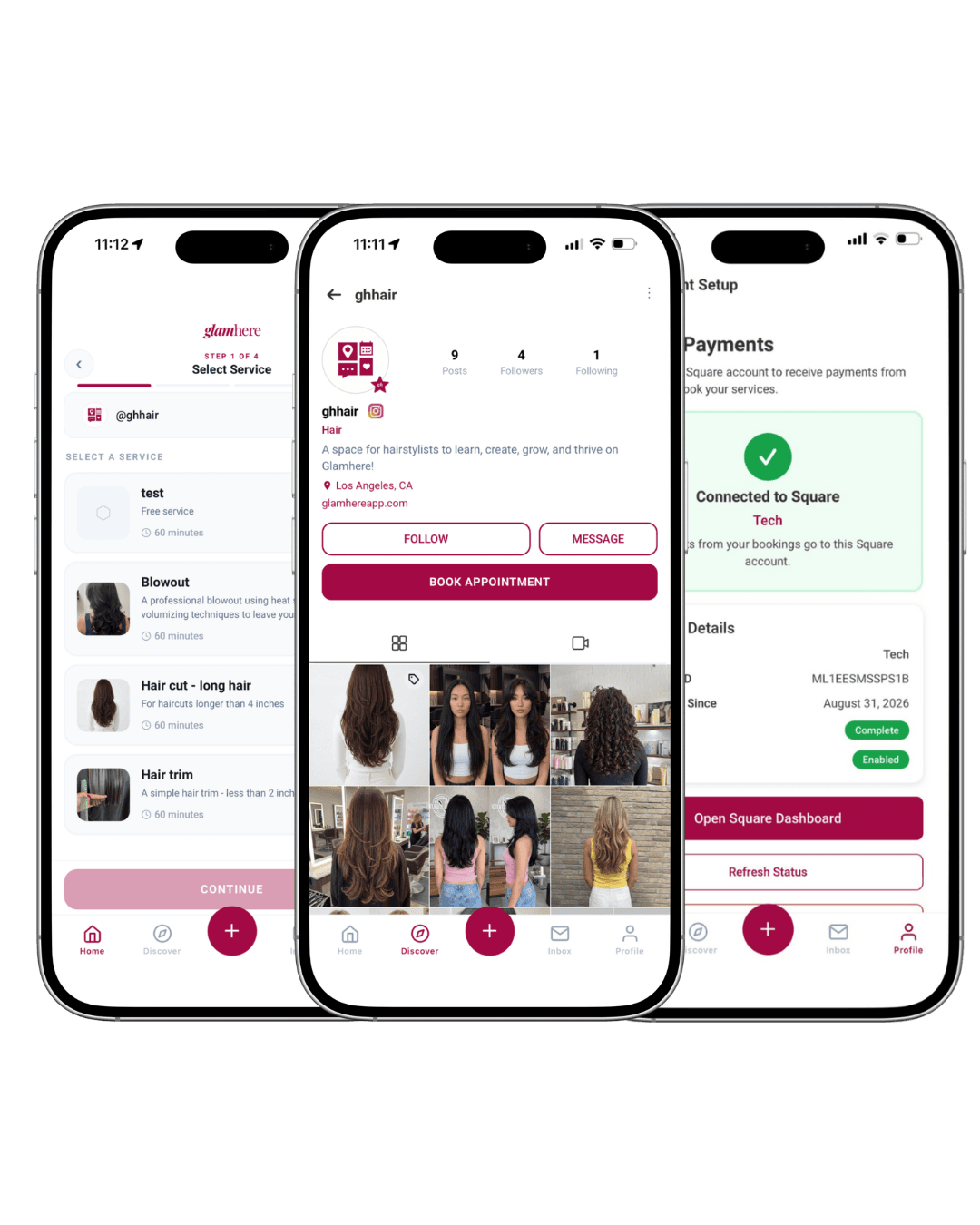 glamhere on iPhone — selecting a service, a pro's portfolio, and connected payments